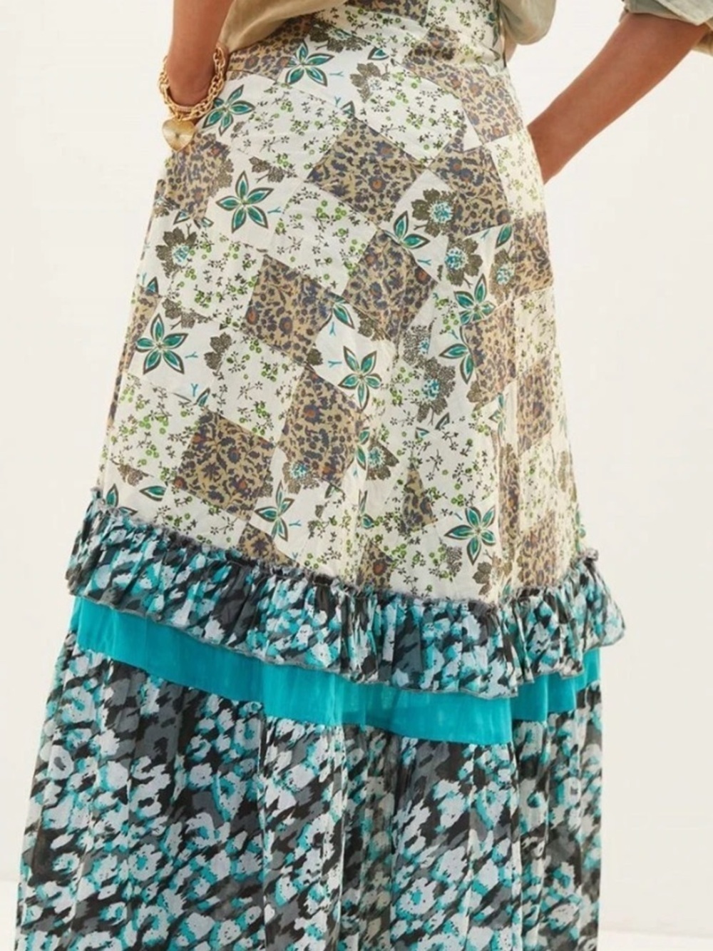 RAGA Anthropologie White Maxi Skirt with Teal Band and Brown Patchwork XL - Picture 2 of 11